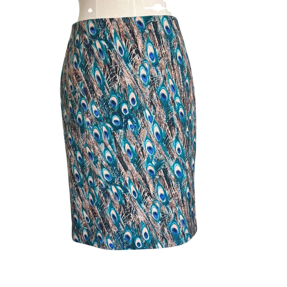 Talbots Skirt Womens 4p PETITE Career Knee Length Pencil Peacock Print Lined